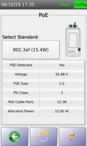 PoE Test Results listing PSE Type and PD Class